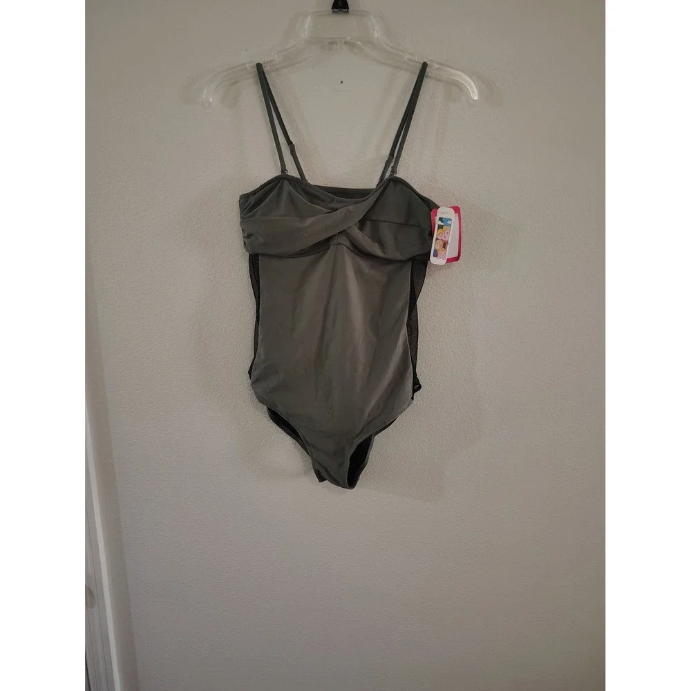 Pure Green Womens Twist Front Mesh Side One Piece Swimsuit Olive Green